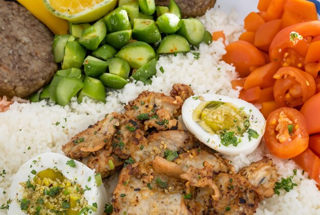 Photo une assiette de nourriture comprenant du poulet, du riz et du citron.