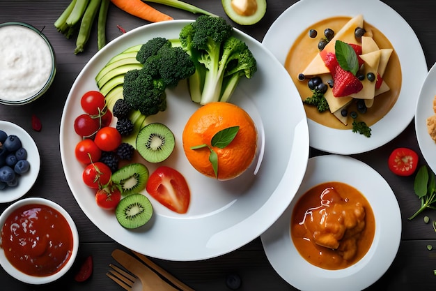 une assiette de nourriture comprenant une orange avec une feuille dessus