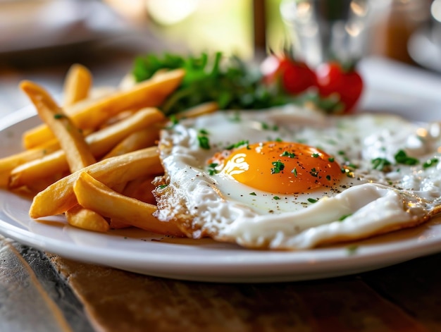 Photo une assiette de nourriture avec un côté ensoleillé d'œufs et de frites