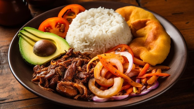 Une assiette de nourriture avec un côté de riz et d'avocat.