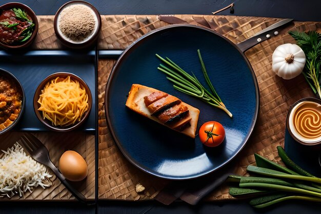 une assiette de nourriture avec un couteau et un bol de nourriture dessus