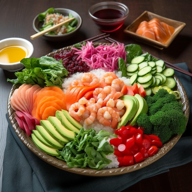 Une assiette de nourriture avec crevettes, avocat et riz.