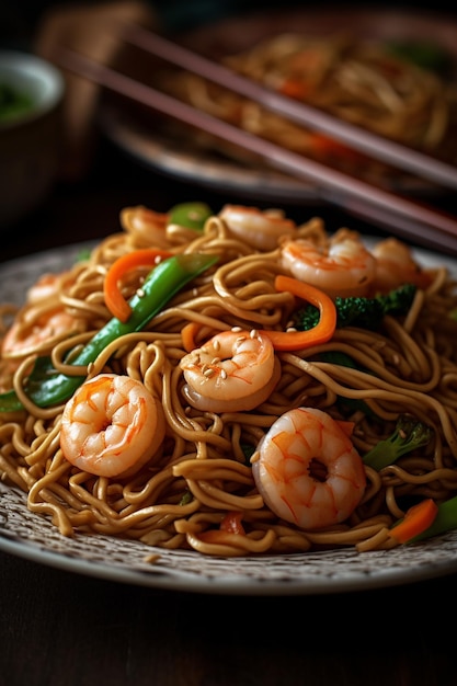 Une assiette de nourriture avec des crevettes et des légumes