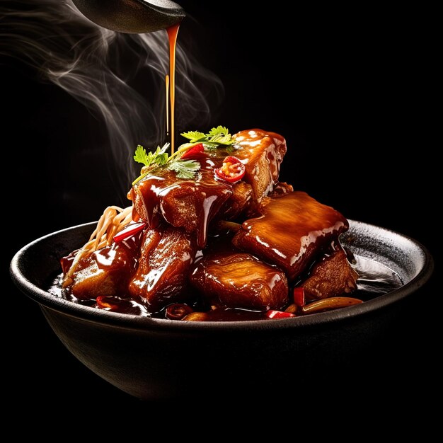 Photo une assiette de nourriture avec une cuillère et de la sauce dessus