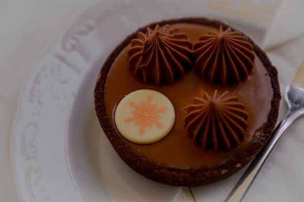 Une assiette de nourriture avec un dessert au chocolat avec une étoile blanche dessus.