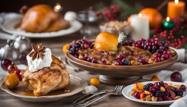 une assiette de nourriture avec un dessert dessus et une assiette avec un croissant dessus