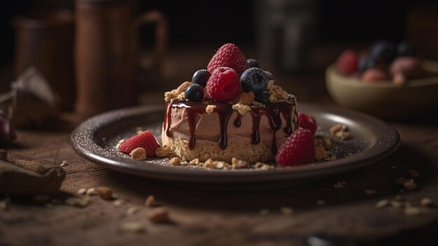 Une assiette de nourriture avec un dessert dessus