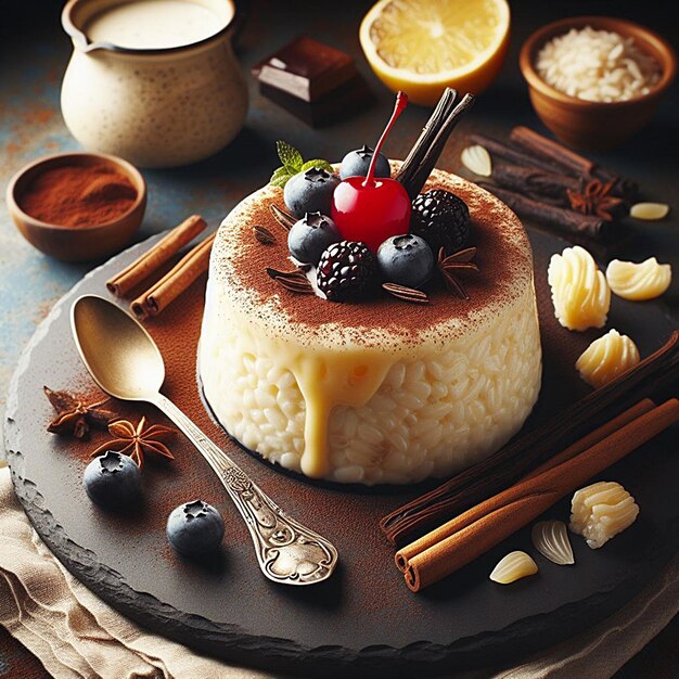 une assiette de nourriture avec un dessert recouvert de chocolat dessus