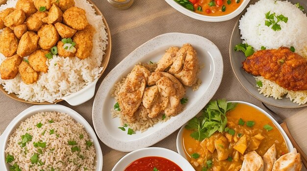 Une assiette de nourriture avec différents plats, y compris du riz au poulet et d'autres aliments