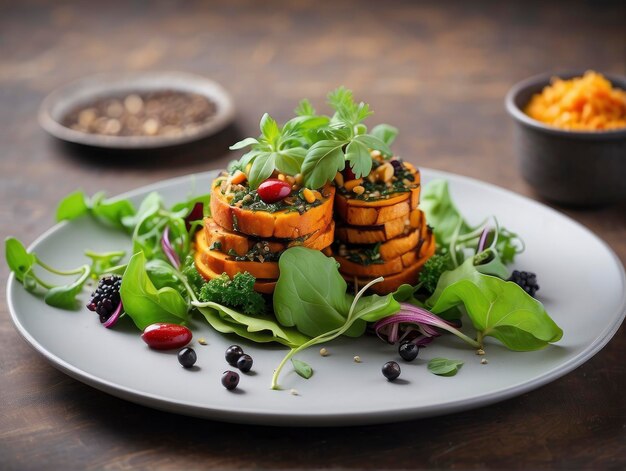 une assiette de nourriture avec du brocoli et d'autres légumes dessus