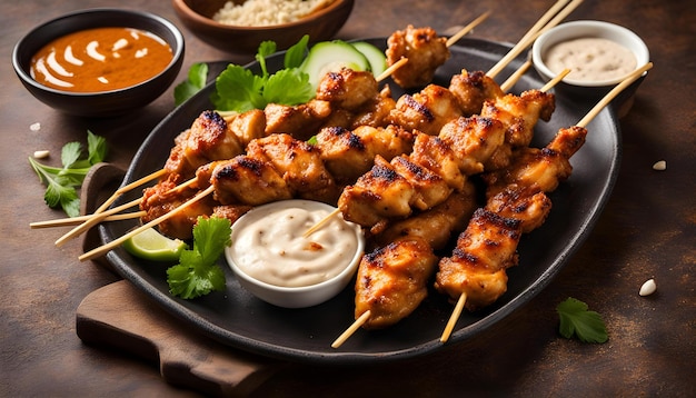 une assiette de nourriture avec du kebab et un bol de sauce à tremper