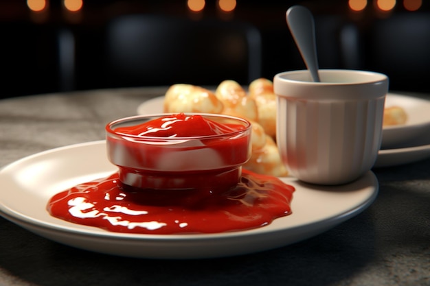 Photo une assiette de nourriture avec du ketchup et un bol de sauce positionné à proximité