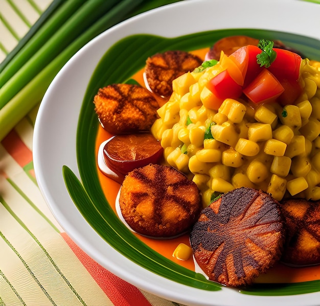 Une assiette de nourriture avec du maïs et un légume à feuilles vertes dessus.