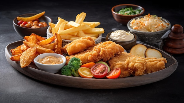 Une assiette de nourriture avec du poisson-frites et un côté de ketchup