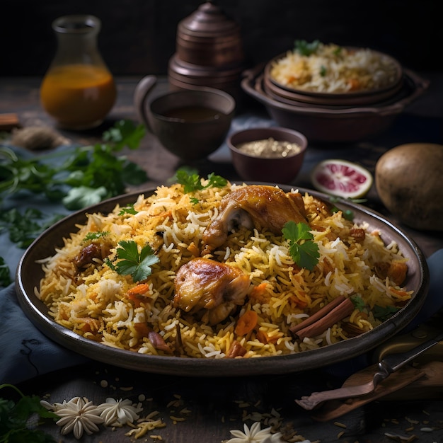 Une assiette de nourriture avec du poulet et du riz dessus