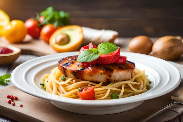 une assiette de nourriture avec du poulet, des pâtes et des légumes