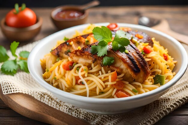 Une assiette de nourriture avec du poulet et des pâtes sur une table