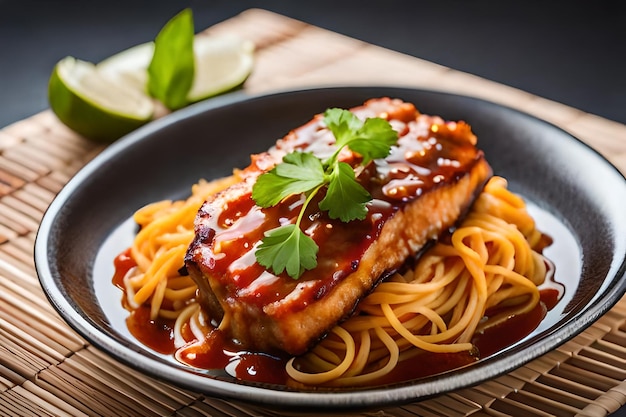 une assiette de nourriture avec du poulet et des spaghettis et un coin de citron.