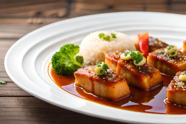 une assiette de nourriture avec du riz et du brocoli dessus.