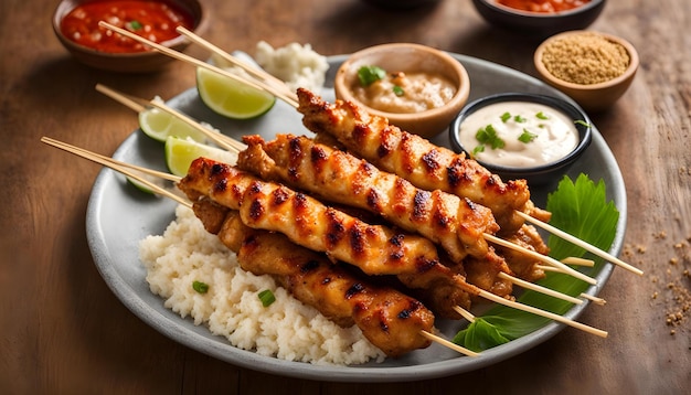 une assiette de nourriture avec du riz et du kebab dessus