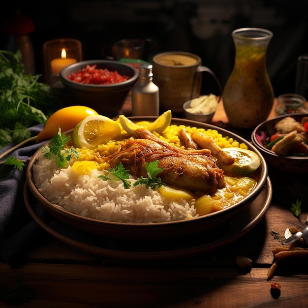 Une assiette de nourriture avec du riz, du poulet et des légumes dessus.