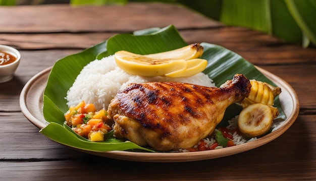 une assiette de nourriture avec du riz, du riz et une feuille de banane