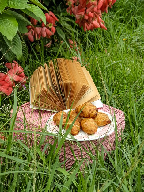 Une assiette de nourriture est sur une table avec un livre dessus.