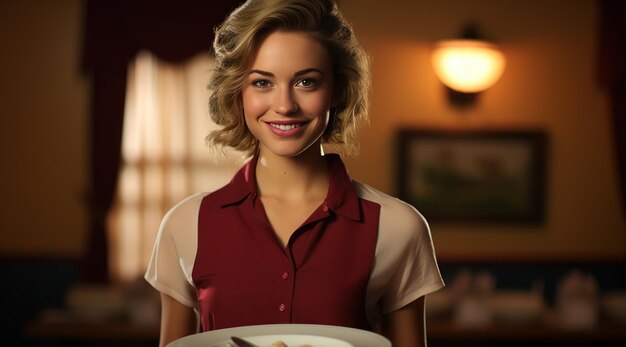 Photo une assiette de nourriture est tenue par une serveuse