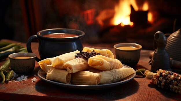 Une assiette de nourriture avec un feu en arrière-plan