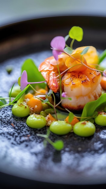 une assiette de nourriture avec une fleur et une fleur pourpre dessus