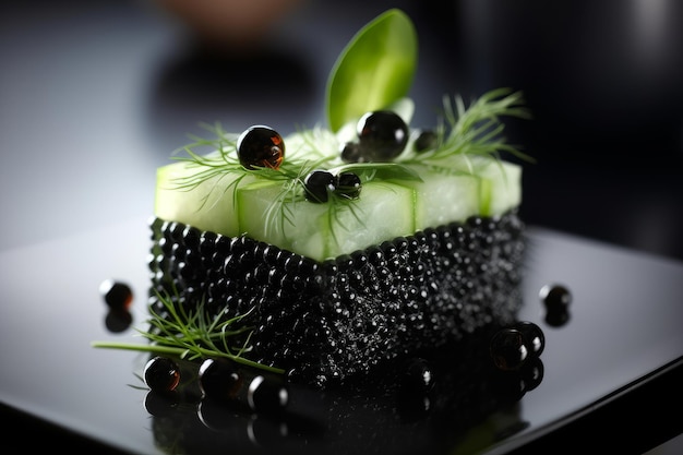 Une assiette de nourriture avec un fond noir et une feuille verte dessus.