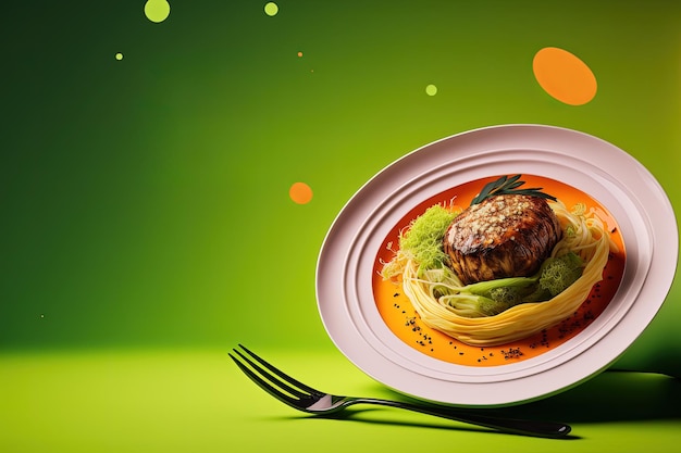 Une assiette de nourriture avec un fond vert et une assiette de nourriture avec une image d'une boulette de viande dessus.
