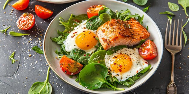 Un assiette de nourriture avec une fourchette et un couteau sur une table L'assiette a une salade avec des tomates et des épinards et