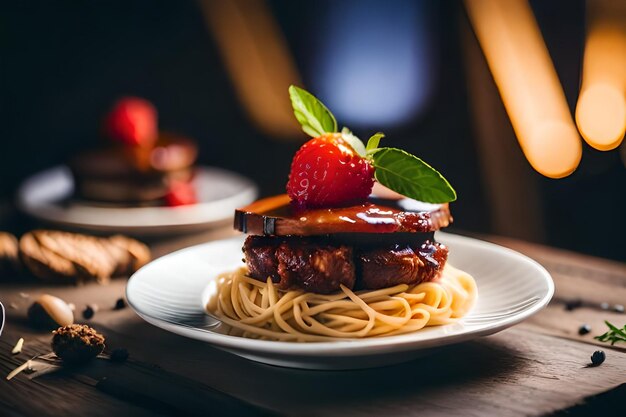 Une assiette de nourriture avec une fraise dessus