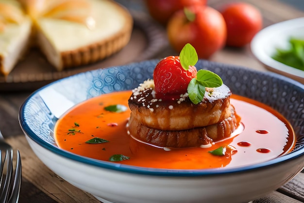 Photo une assiette de nourriture avec une fraise et du fromage dessus