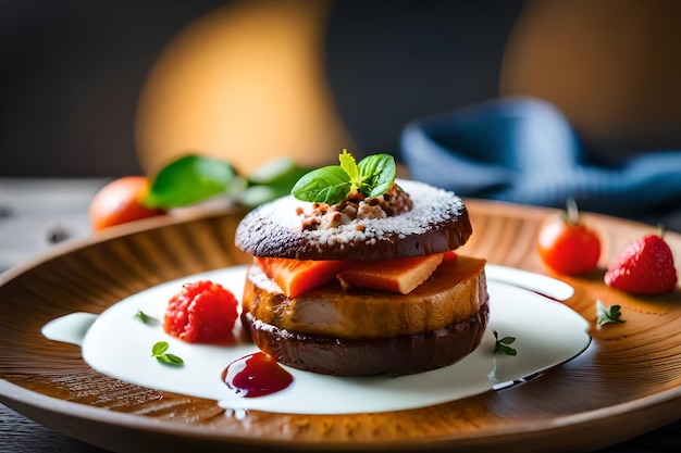 Une assiette de nourriture avec une fraise et une fraise dessus