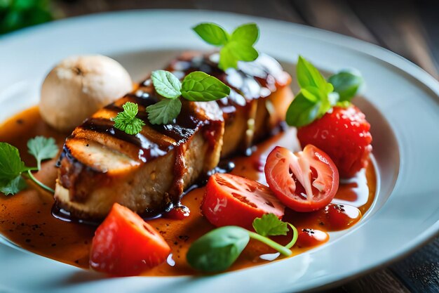 une assiette de nourriture avec une fraise et une sauce à fraises.