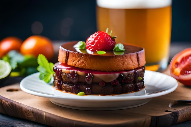 une assiette de nourriture avec une fraise et un verre de bière