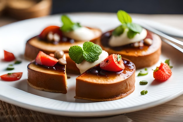 une assiette de nourriture avec des fraises et de la crème