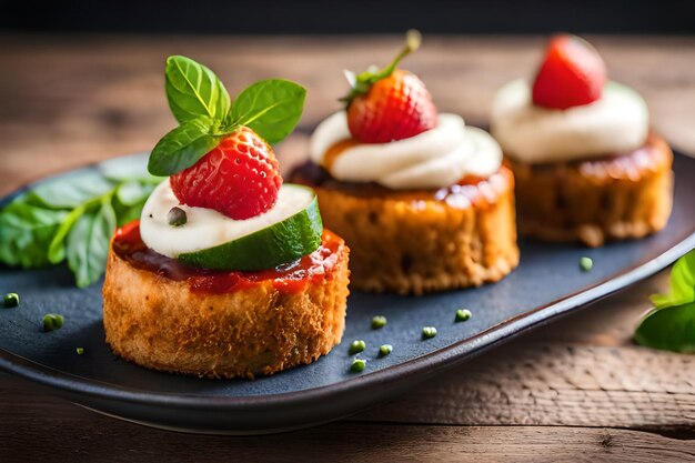 une assiette de nourriture avec des fraises et du fromage à la crème dessus