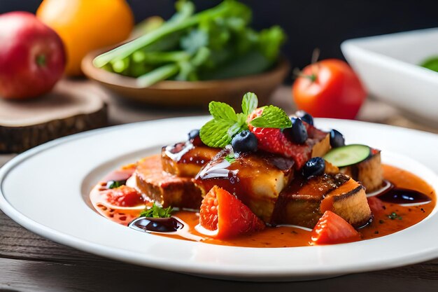 une assiette de nourriture avec des fraises et de la menthe dessus