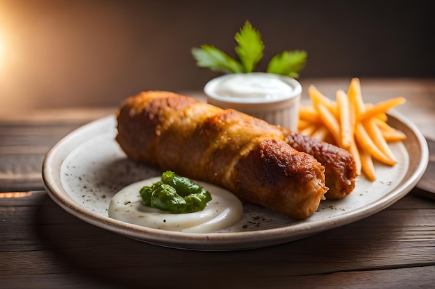 Une assiette de nourriture avec des frites et une tasse de sauce.