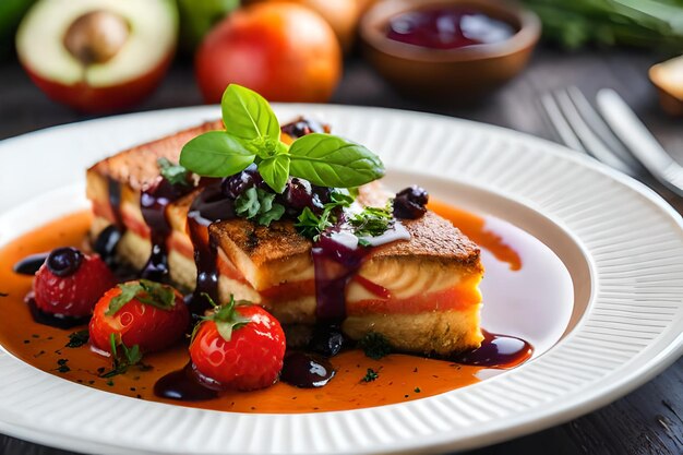 Une assiette de nourriture avec des fruits et des fraises dessus