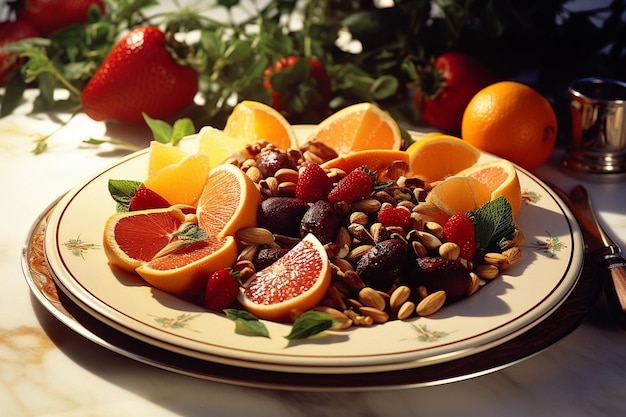 Une assiette de nourriture avec des fruits et des légumes