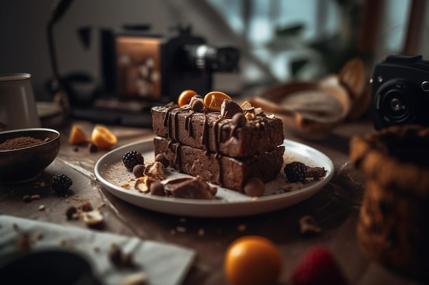 Une assiette de nourriture avec un gâteau au chocolat dessus et une cafetière en arrière-plan.