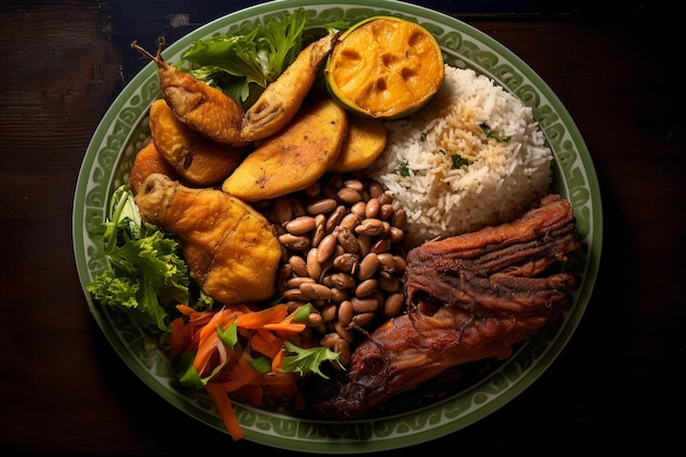 Une assiette de nourriture avec des haricots, du riz et des haricots.