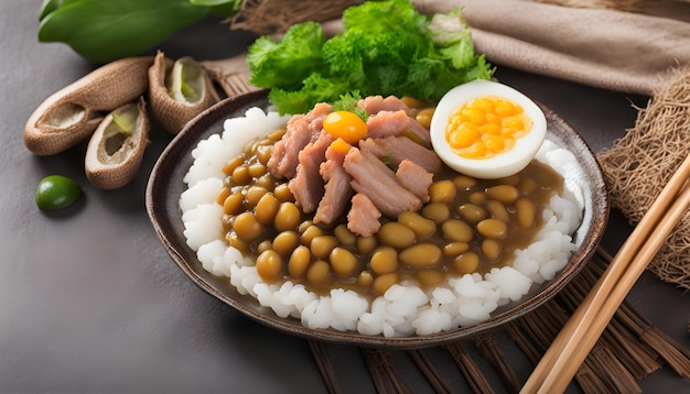 Photo une assiette de nourriture avec des haricots, du riz et un œuf
