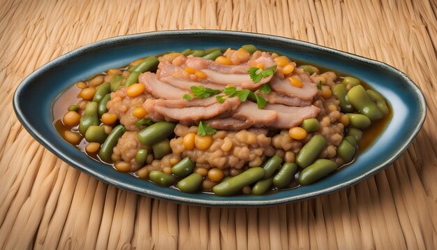 une assiette de nourriture avec des haricots et des haricuts dessus