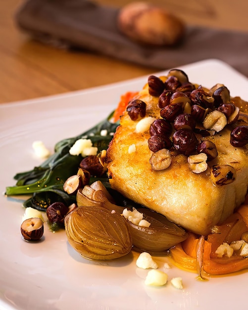 Une assiette de nourriture avec des haricots noirs sur le dessus