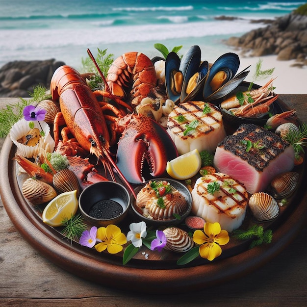 Photo une assiette de nourriture avec des homards et des fruits de mer dessus pour le modèle de conception de médias sociaux post de bannière templat